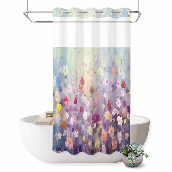 No Hook Shower Curtain, Blue Spring Floral Shower Curtains for Bathroom with See Through Top Window, Summer Daisy Botanical Oil Painting Waterproof & Washable Bath Curtain Stand Up Stall 36"x72"