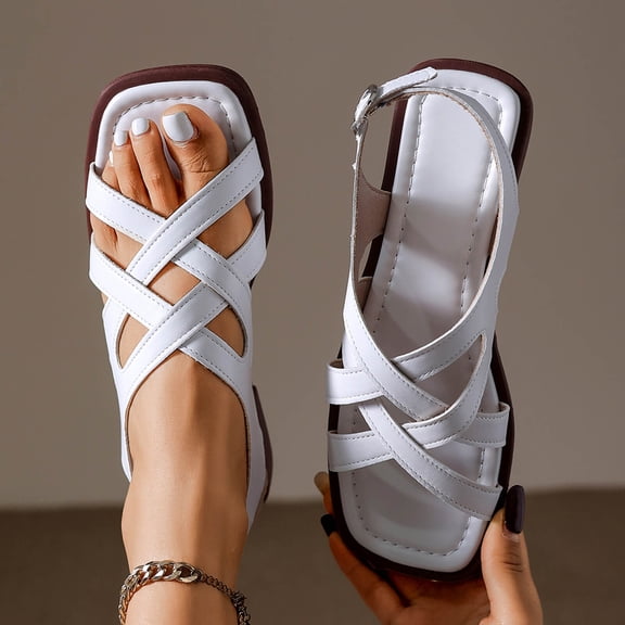 Viluyesy Womens Flat Sandals, Slingback Low Heels Square Toe Summer Fashion Casual Bohe Shoes White US7.5