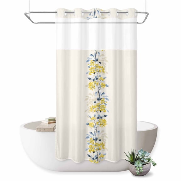 No Hook Shower Curtain for Bathroom, Yellow Fruit Waterproof Hotel Quality Shower Curtains, Vintage Country Leaves Berries Blue Plants Single Layer & Mesh Top Washable Fabric Bath Curtain 36''x72''