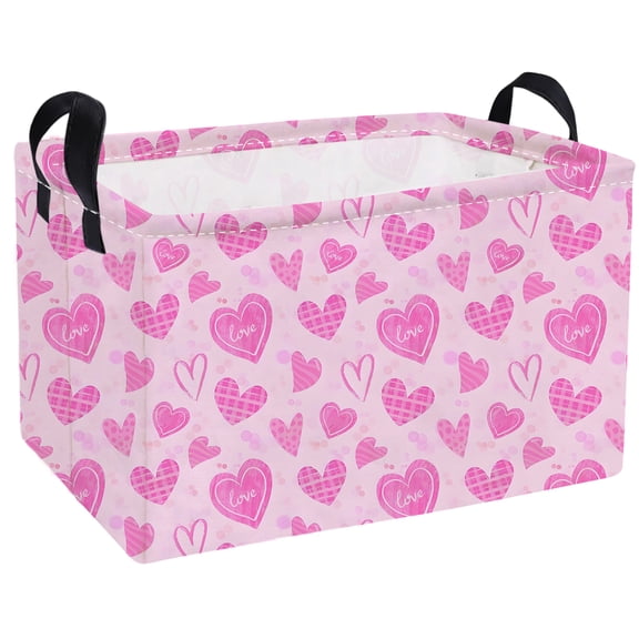 Rectangular Kids Storage Basket,Valentine's Day  Basket,Heart Storage Bin Organizer with Handles for Kids Room Decor,Shelf Basket,Book Basket.(Pink heart)
