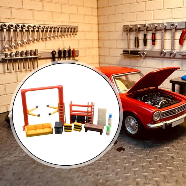 Juego de herramientas de reparación de automóviles a escala 1/64, decoración de escena de microgaraje, simulación de mini sofá de plazas para