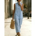 thumbnail image 6 of Cagogo Women Plus Size 2 Piece Set V Neck Sleeveless Tshirt Wide Leg Pants Casual Summer Outfits Loose Boho Streetwear Matching Lounge Set Tracksuit Travel Airport Clothes, Blue M, 6 of 6