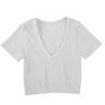 thumbnail image 2 of QUNYINEY White Womens T-Shirts Short Sleeve Ribbed Crop Summer Shirt Casual Loose Fit V Neck Yoga Tops, 2 of 6