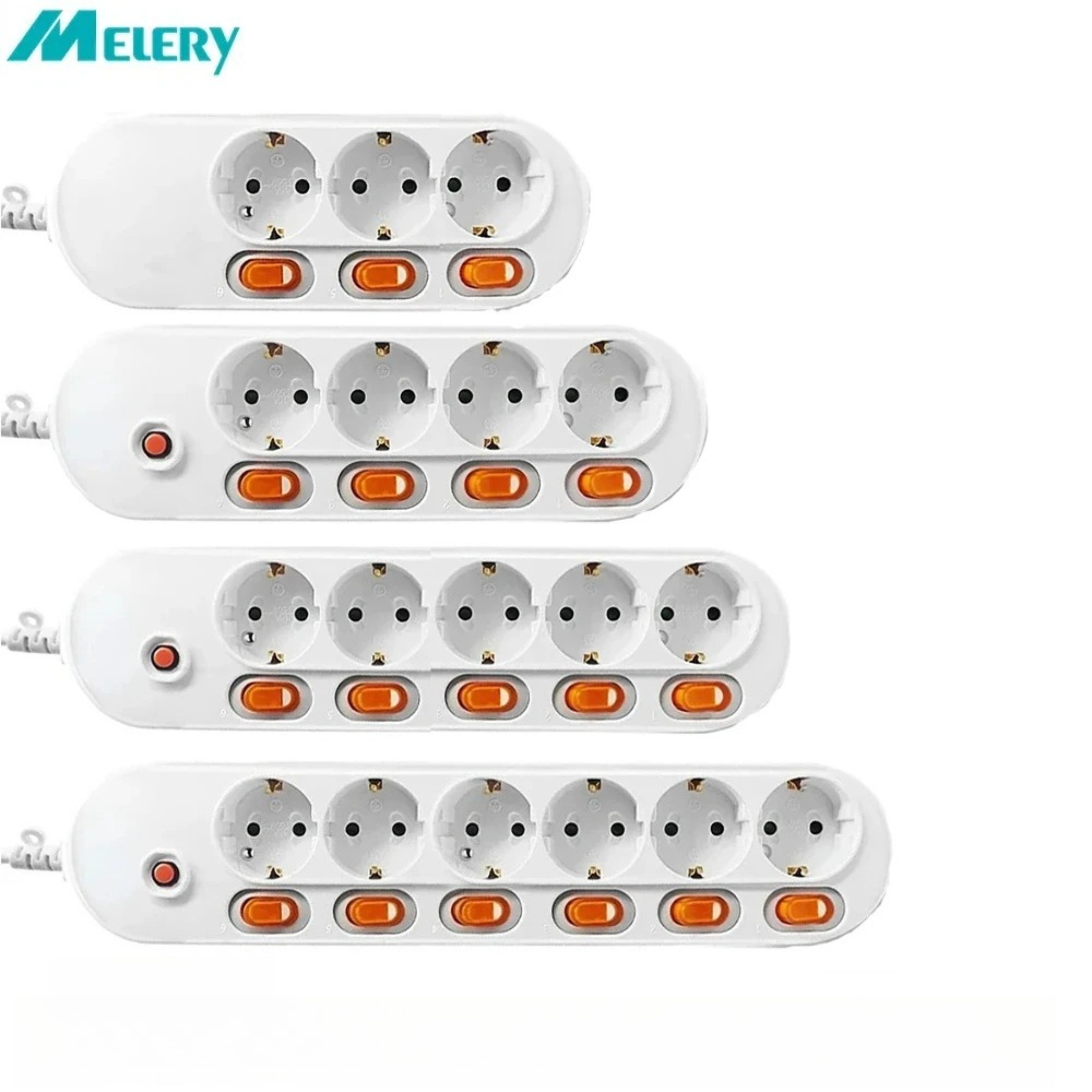 Melery Power Strip Surge Protection EU Plug Way Outlets Electrical Extension 16A Socket Independent Control Switches 1.5/2m Cord
