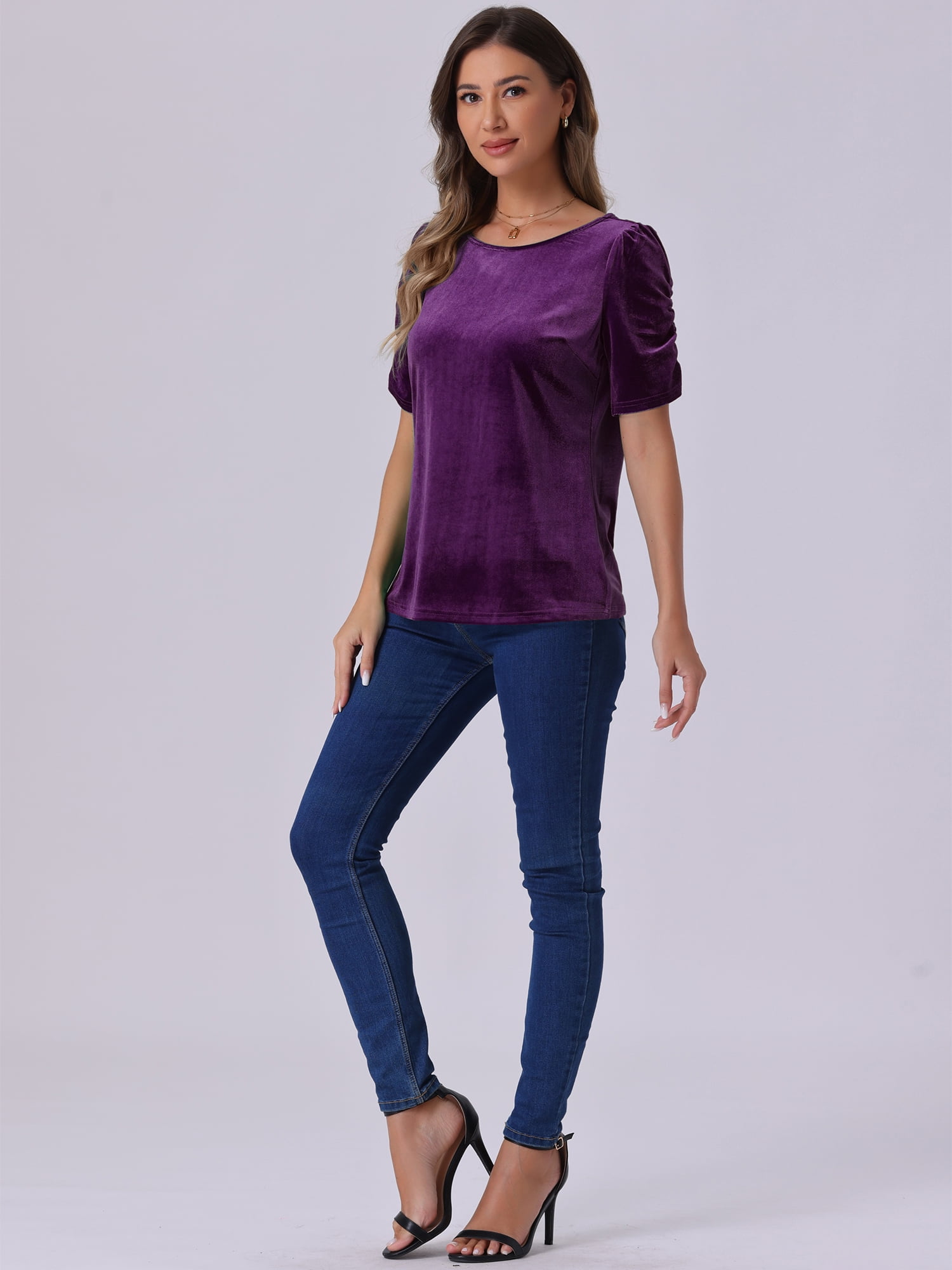 DARING DIVA Women's Round Neck Puff Short Sleeve Party Velvet Top XL Dark Purple