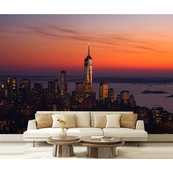 Peel and Stick Wallpaper Waterproof Aerial view New York City Lower skyline illuminated sunset including Wall Mural Decor Self Adhesive and Removable 69in x 98in