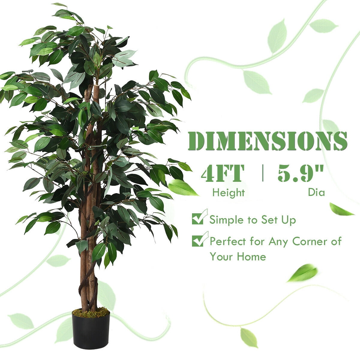 4 ft Artificial Ficus Artificial Tree in Green Polyester Pot, by Gymax