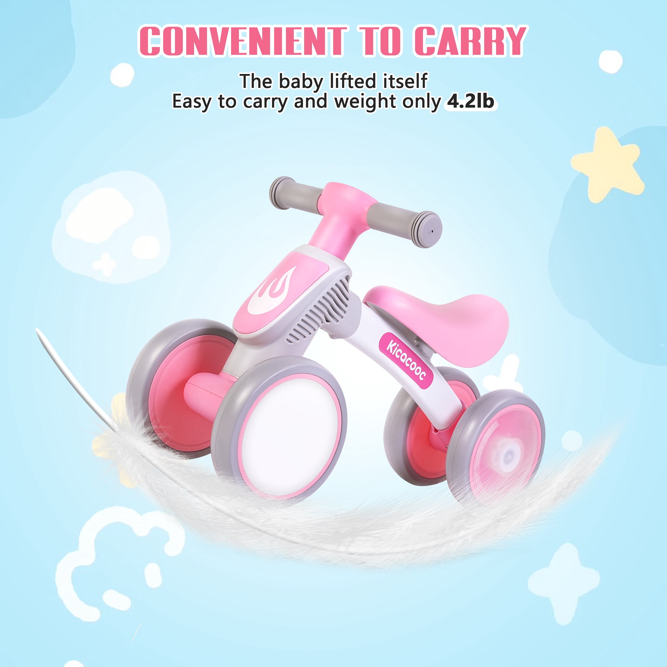 Kicacooc Toddler Balance Bike for 1 Year Old Boys Girls, Baby Balance Bike with No Pedal 4 Silence Wheels & Soft Seat First Bike, 12-24 Month Toddler Balance Bike, Pink