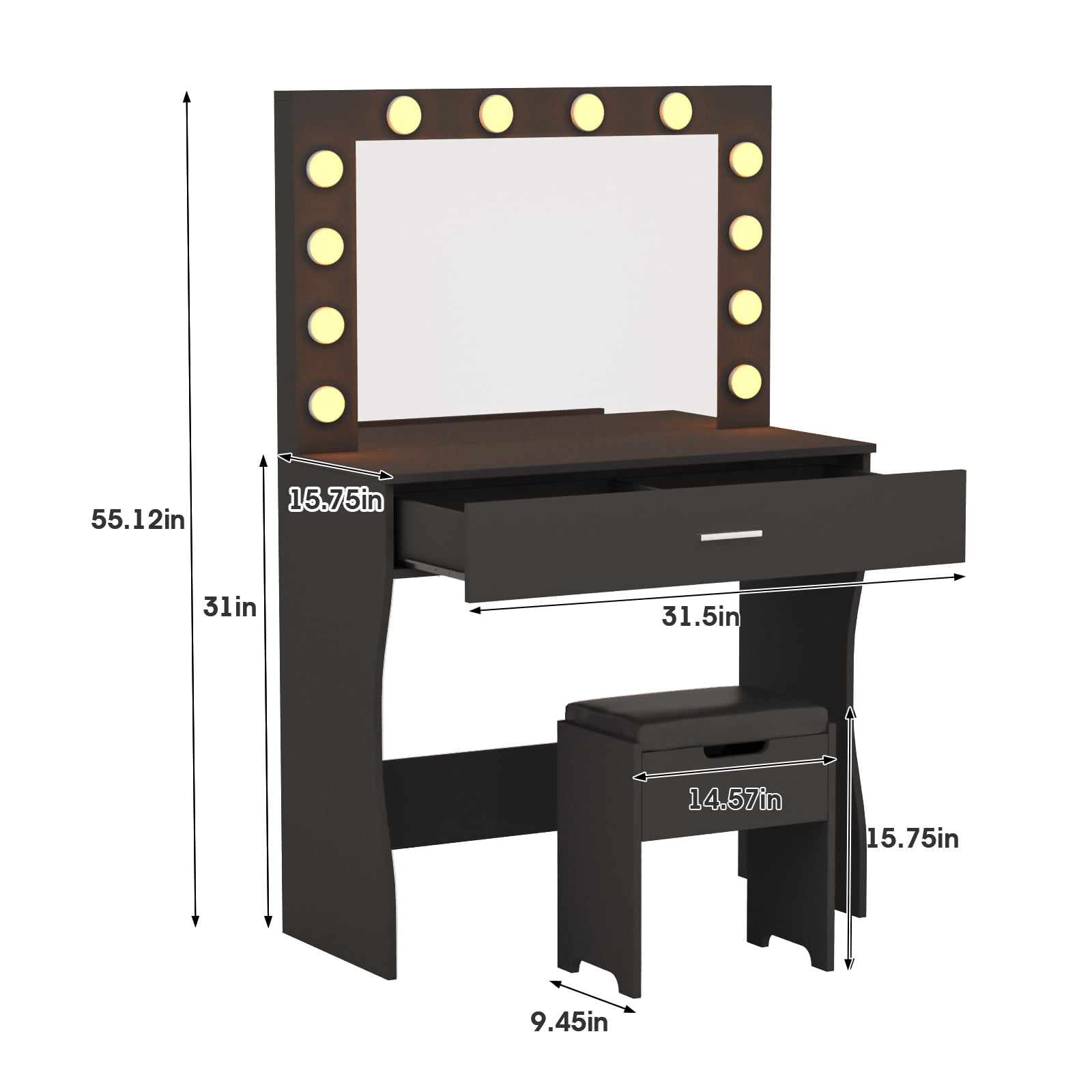 VEANERWOOD Modern Vanity Table with Lighted Mirror and Stool, Black Finish, for Bedroom