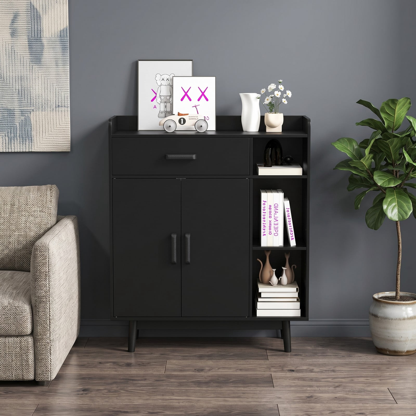 Furnibear Floor Storage Cabinet Free Standing Cupboard Chest with Drawer, Double-Door Cabinet, Adjustable Shelf and 3 Open Display Shelves for Living Room, Black