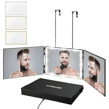 3 Way Mirror, 360 Mirror Self Hair Cut, 3 Color Light Makeup Mirror With Height Telescoping Hooks for Self Styling and Hair Cutting Makeup Shaving,Good Gift for Men/Women