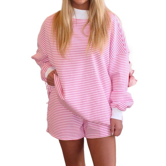 Women's Pink Stripe Oversize Mock Neck Sweatshirt & Shorts Set – Casual Autumn Comfort, XL