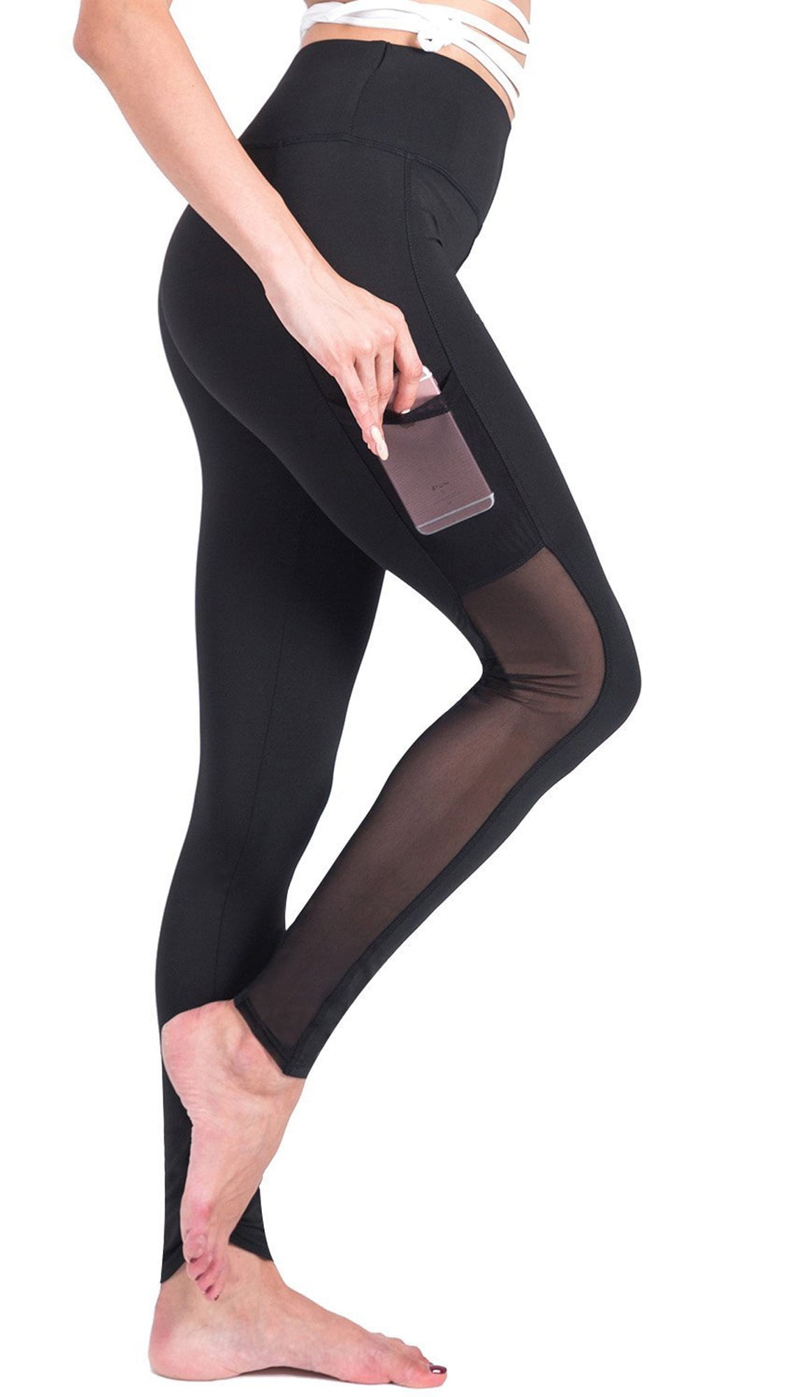 Womens High Waist Leggings Mesh Panel Side Skinny Workout Yoga Pants 
