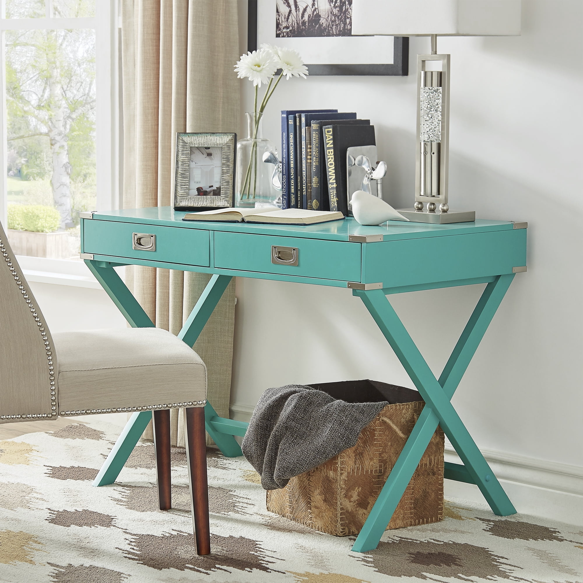 Weston Home Wood X-Base Campaign Writing Desk with Drawers, Marine Green