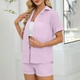 thumbnail image 4 of Ndbuld Women's 2 Piece Beach Outfits Button Down Short Sleeve Shirts and High Waist Shorts Lounge Sets Casual Tracksuit Set Purple S, 4 of 5