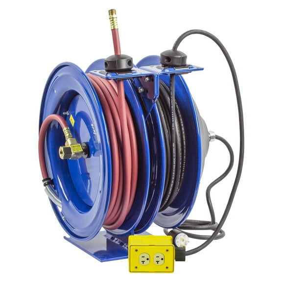 Coxreels Hose Reel Dual Purpose Spring Rewind 3/8In X 50' 300Psi Quad Receptacle 50' Cord 12 Awg