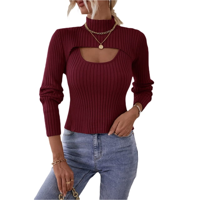 Fortune Women Knitted Tops, Solid Color Long Sleeve High Neck Shrug Sweater + Ribbed Vest