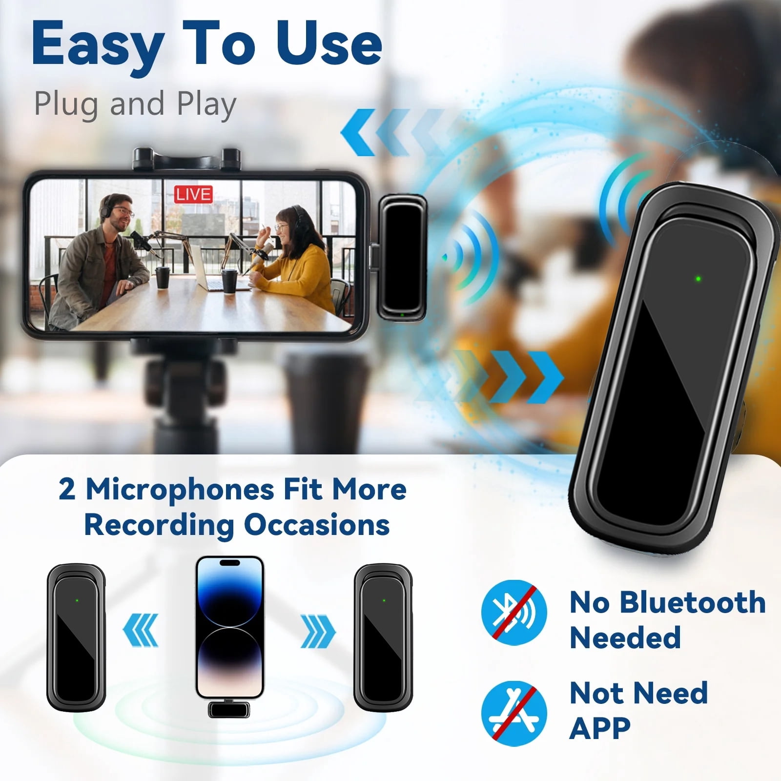 Wireless Lavalier Microphone for Android Phone, Mini Clip-On Mic with AI Noise Cancellation, Plug & Play 2.4GHz Mic for Vlogging, YouTube, TikTok, Podcast, Live Streaming