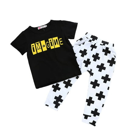 

TAIAOJING Toddler Baby Boys Clothes Girls Letter Cross Print T-shirt Pants Trousers Outfits Set Summer Clothes 3-4 Years