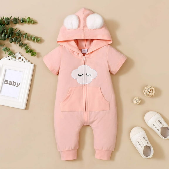 uublik Baby Girl Romper Short Sleeve Zipper Hooded Casual Cute Long Romper Pink 9-12 Months