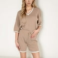 thumbnail image 2 of Women's Knit Lounge Set with V-Neck Top and Drawstring Shorts Featuring Contrast Trim - Khaki, X Large, 2 of 7