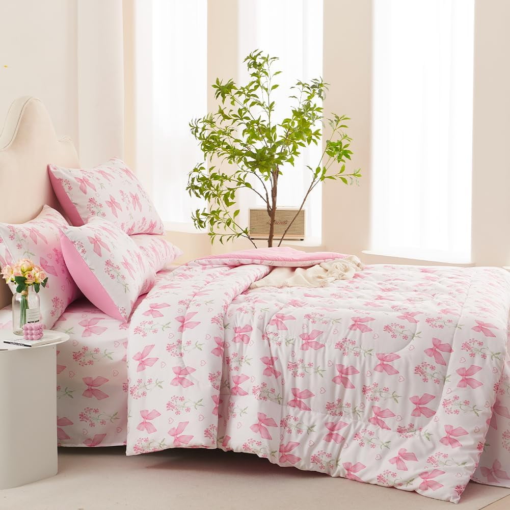 JOLUSERE Pink Bowknot Girls Comforter Set Twin Size, 3 Pieces Bows Princess Style Bedding Set for Girls for All Season