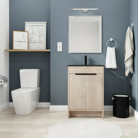 24 Inch Freestanding Bathroom Vanity with Black Ceramic Sink & 2 Soft-Close Cabinet Doors, Light Oak