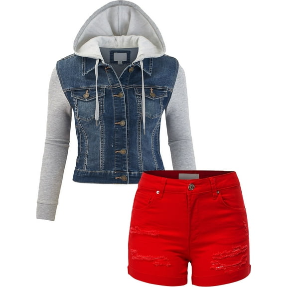 FashionMille Women Trucker Fleece Sleeve Denim Jacket With Raw Hem Ribbed Denim Shorts