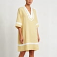 thumbnail image 4 of Women's Striped Dress V-Neck 3/4 Sleeve Colorblock Trim Dress Breathable Beach Resort Sundress Dresses for Women Yellow S, 4 of 6