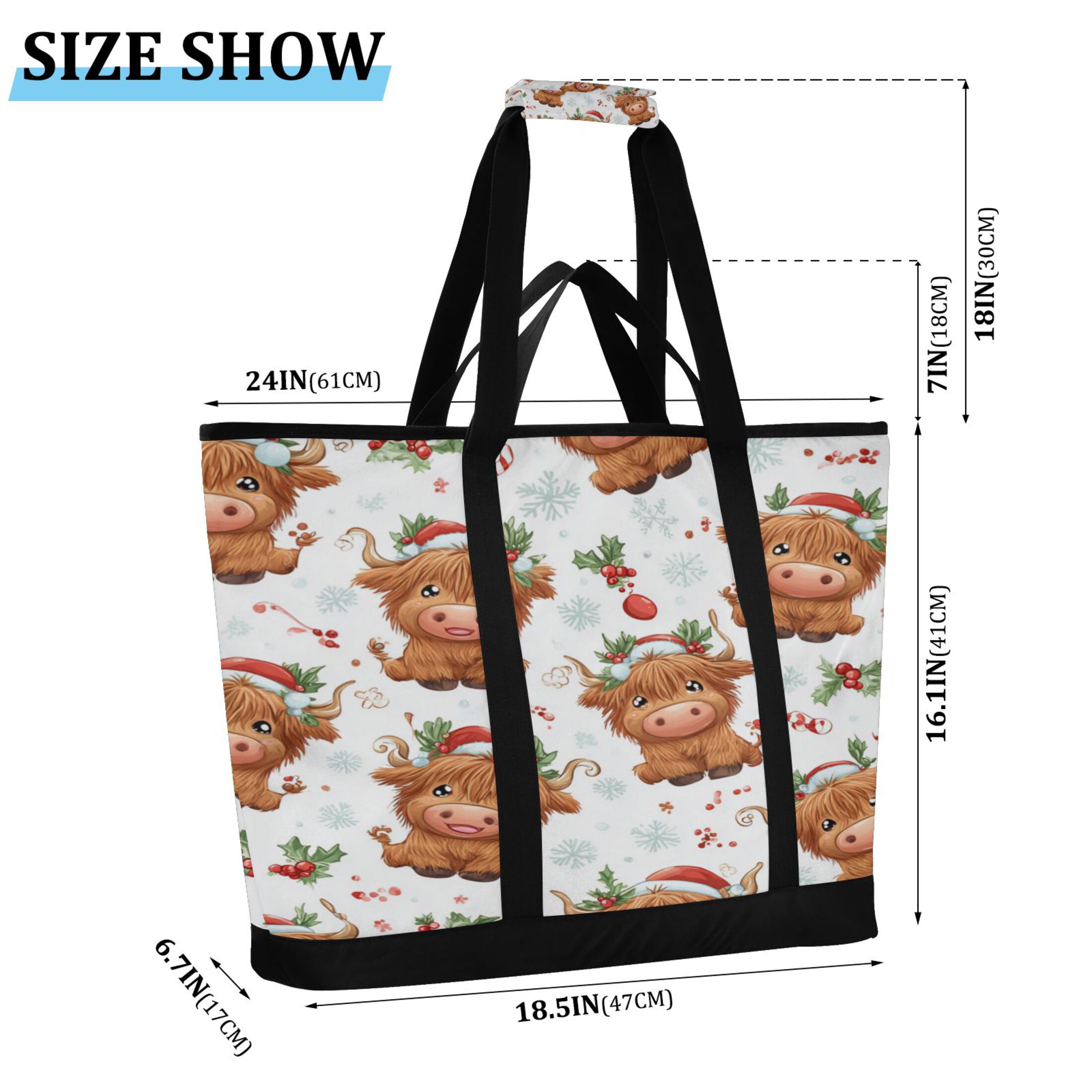 Extra-Large Wide Opening Design Capacity Hand-Held Ice Pack Thickened Insulation Layer For Long-Lasting Cold Retention For Outdoor Shopping Picnics And Camping Adorable Yaks at Christmas