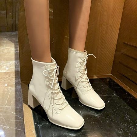 

ERTUTUYI Women Ankle Boots Autumn And Winter Fashion And Comfortable Square Toe Heel Square Heel Solid Color Lace Up Beige 38