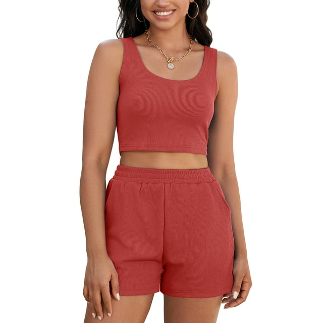 Conjuntos de 2 piezas para mujer ATHLECHIC, tops cortos de punto acanalado y pantalones cortos con bolsillo, color rojo M