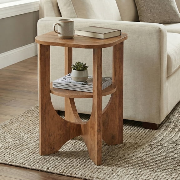 LEDREM 2-Tier Side Table, Small Accent End Table with Lower Shelf, Nightstand for Living Room Bedroom, Space-Saving, Honey Brown