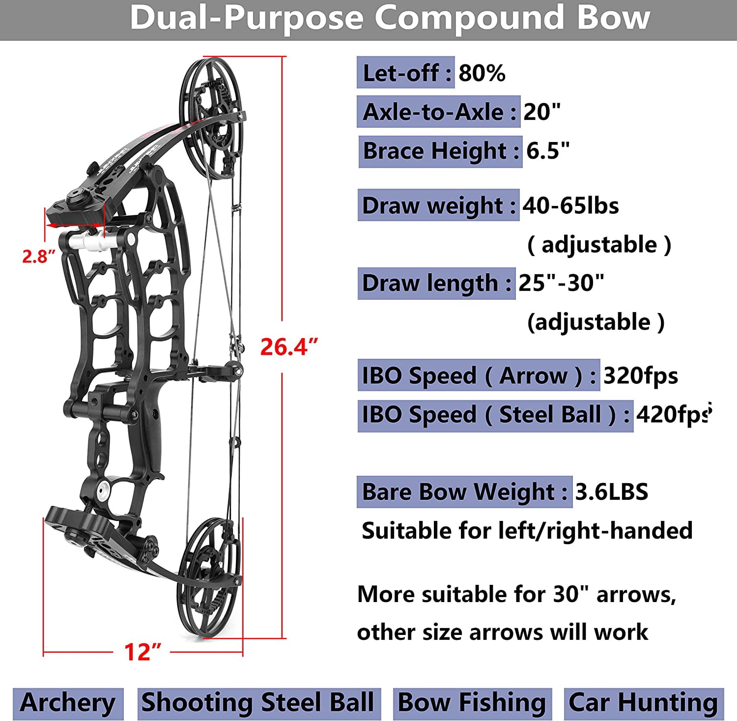 Steel Ball Compound Bow Kit Dual Purpose Short-Axis Bow Archery Hunting Target Practice Target Shooting for Adults Youth 40-65lb Left/Right Handed Archer