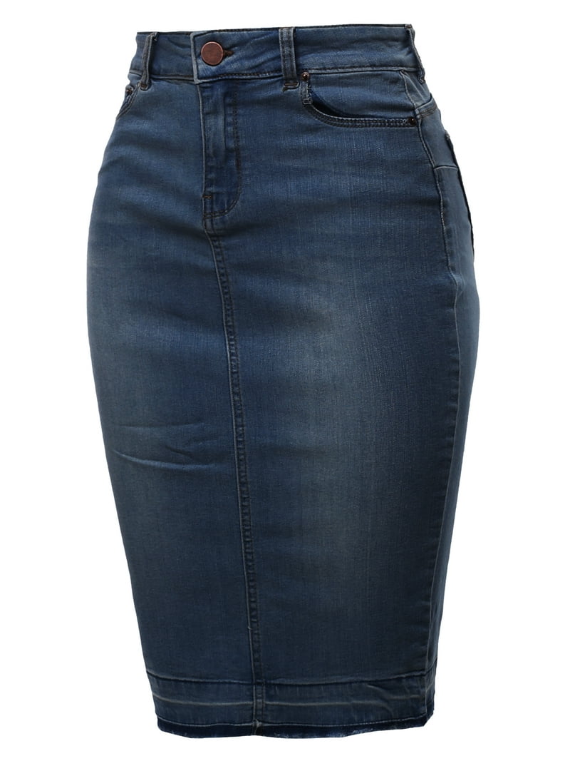 A2Y Women's Slim Fit Rayon Knee Length Back Slit Denim Jean Pencil Skirt  Dark Navy L