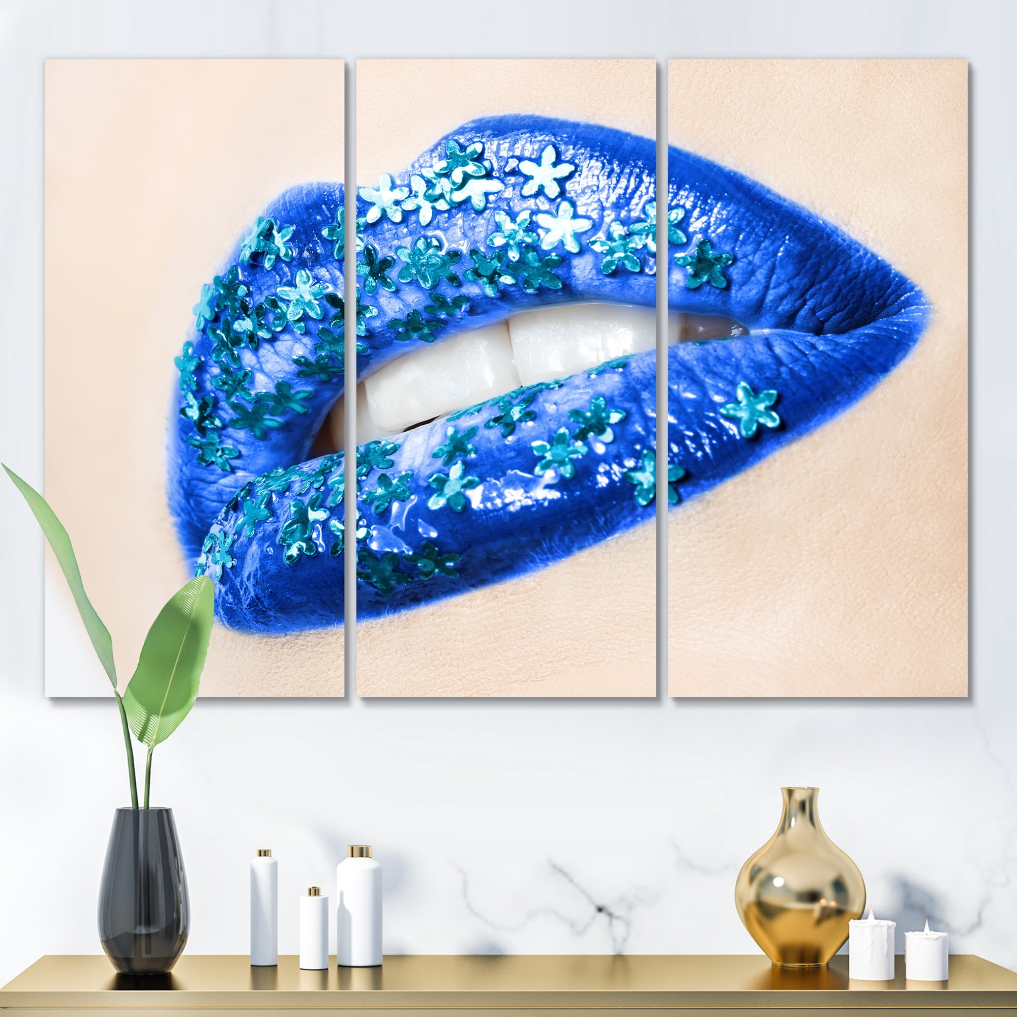 Designart ' Beautiful Woman Lips Blue With Flowers ' Modern Canvas Wall Art Print