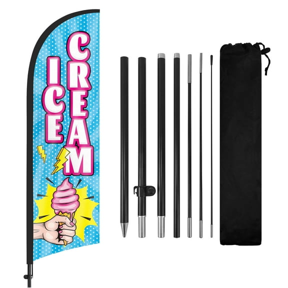 QSUM Ice Cream Sign Feather Flag with Pole Kit,8.2FT Ice Cream Decoration Display, Ice Cream Business Sign,Ice Cream Swooper Flag，Advertising Flag
