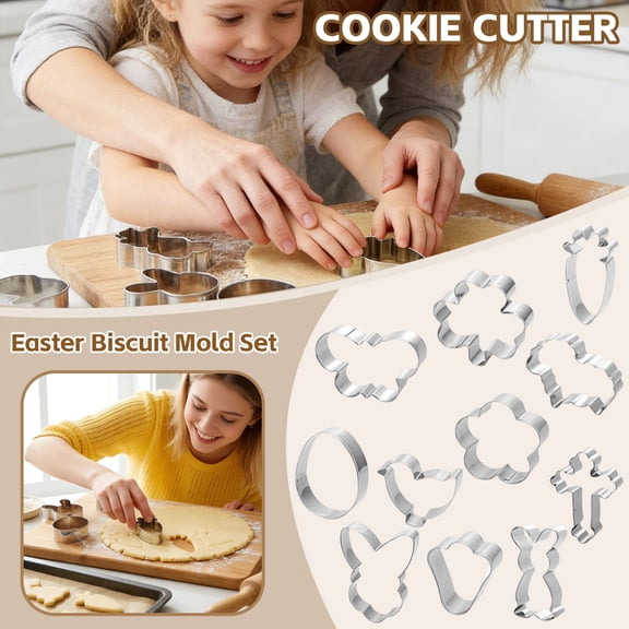 11Pcs Large Easter Cookie Cutters , Bunny Head, Egg, Chicken, Rabbit, Carrot, Butterfly Shapes, Metal Biscuit Molds for Easter Spring Holiday Themed Baking Supply