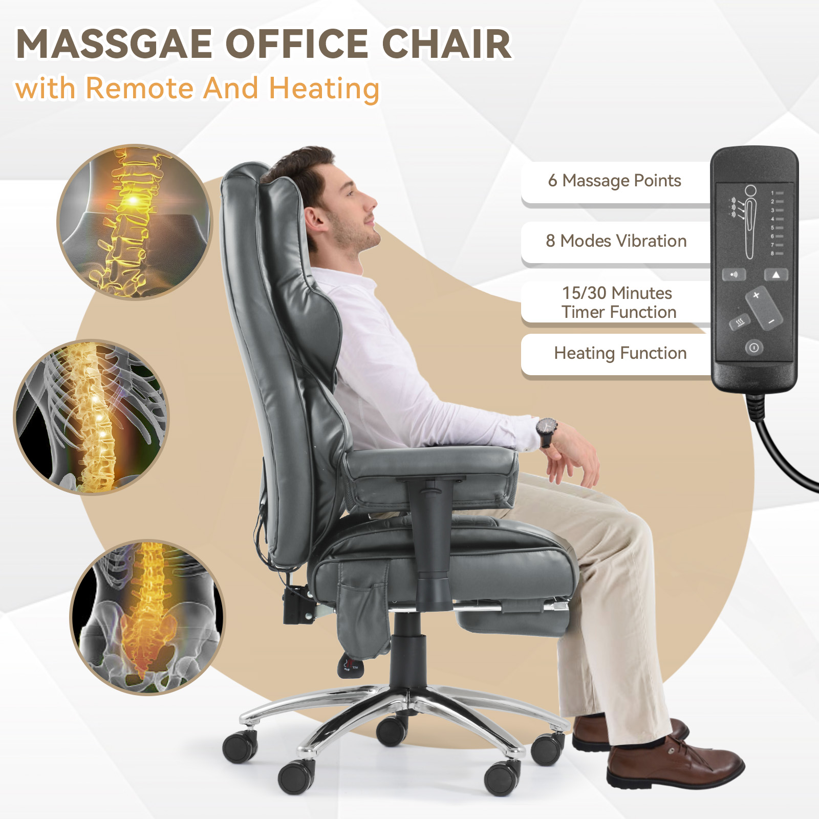 Executive Office Chair With Footrest-6 Point Massage & heated , High Back PU Leather & ergonomic Lumbar Support