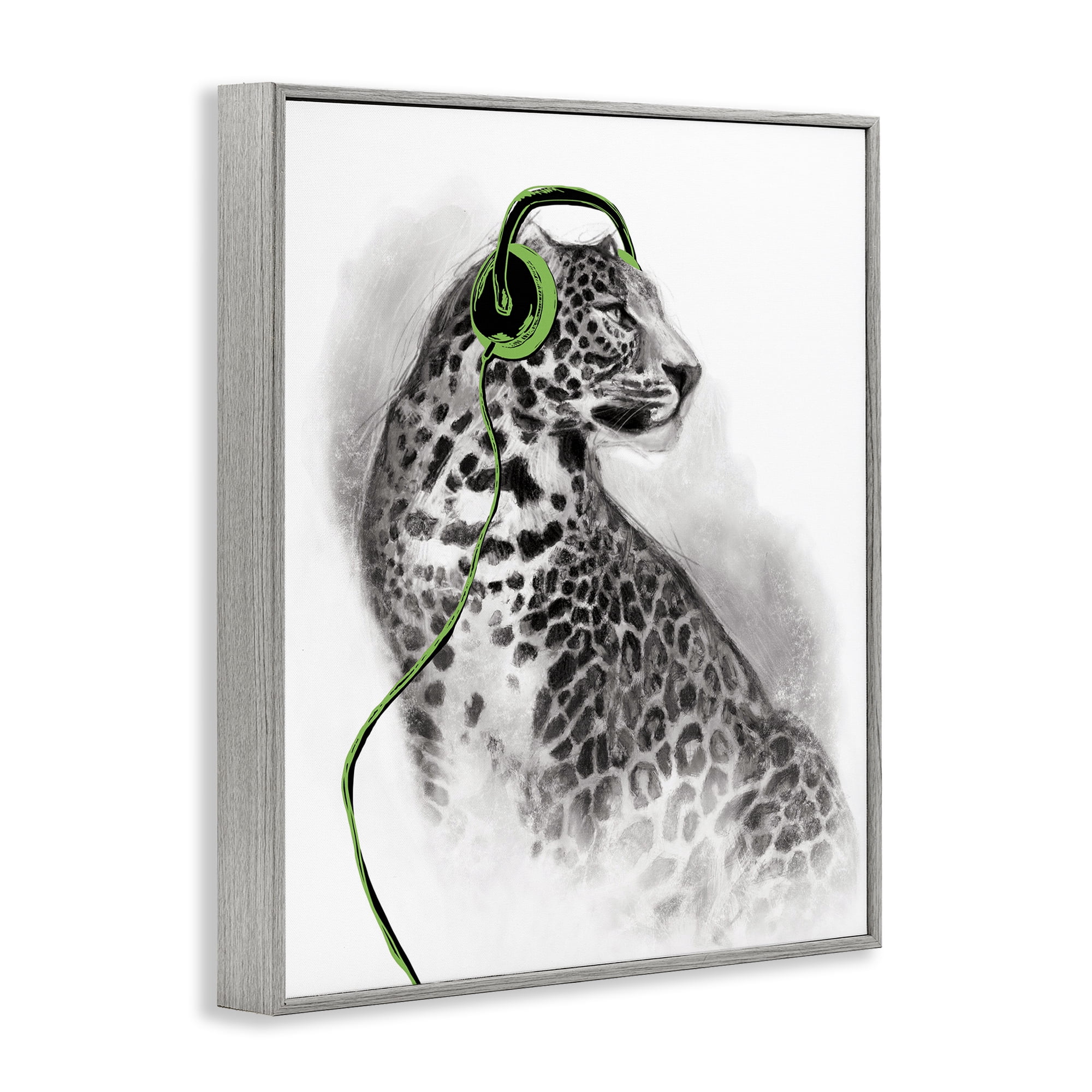 Stupell Industries Cheetah with Headphones Animals & Insects Painting Gray Framed Art Print Wall Art, 11 x 14