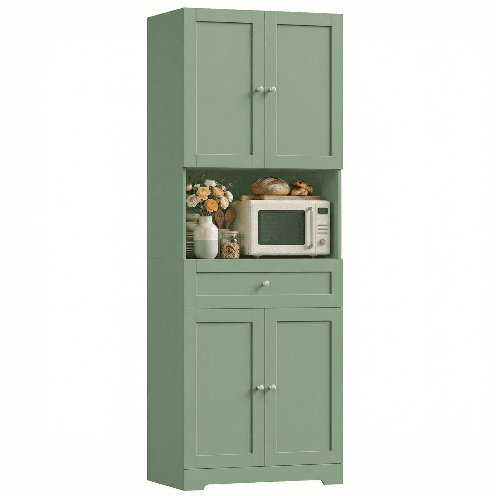 Homfa 67.5'' Tall Kitchen Pantry with Microwave Shelf, Large Storage Drawer Wood Pantry Storage Cabinet for Dining Room Living Room, Green