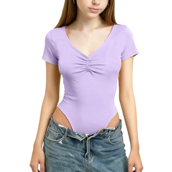 AHTJRT Girls Long Sleeve T Shirt Bodysuit Tops Lightweight Breathable V Neck Romper Jumpsuit Casual Dancing Ballet Sports Leotards Purple#02 13-14 Years