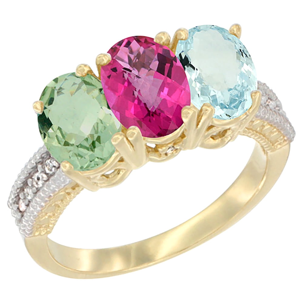 14K Yellow Gold Natural Green Amethyst, Pink Topaz & Aquamarine Ring 3-Stone 7x5 mm Oval Diamond Accent, sizes 5 10 by WorldJewels
