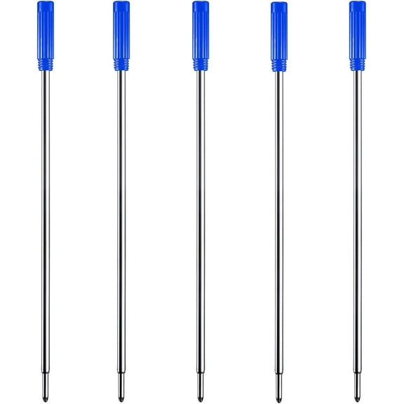 Blue Ink Refill Pack of 5, Replaceable Ballpoint Pen Refills, Medium Point Metal Refill (Blue)