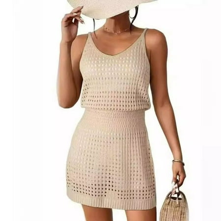SWSMCLT Women s Above Knee Bikini Cover Up Pull On Coverup Dress Cami Cover Up Casual Cool Curvy Cable Knit Apricot Large
