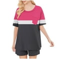 thumbnail image 4 of hxobax Shorts Sets for Womens 2 Piece Loungewear Trendy Colorblock Pajama Set Round Neck Short Sleeve Tops and Short Pant Comfy Matching Sets Sleepwear Soft Pj Set with Pocket,#01_Hot Pink,Medium, 4 of 6