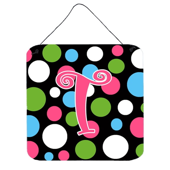 Letter T Initial Monogram - Polkadots and Pink Wall or Door Hanging Prints