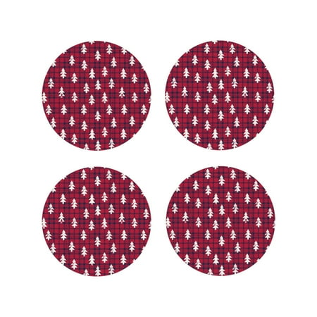 

Vsdgher white Tree red plaid Leather Coasters for Drinks Durable Drink Coasters 4 Set for Tabletop Protection Luxurious Home Décor and Housewarming Gift-Round Shape