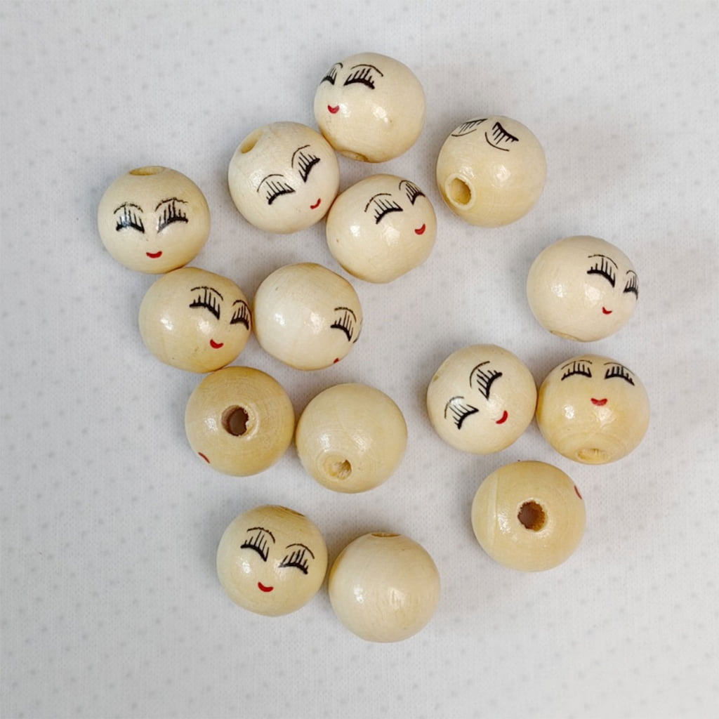 100Pcs Smiles Wood Beads Natural Wood Beads for Crafting Wooden Faced Beads, Wooden Balls with Hole for DIY Decor Craft