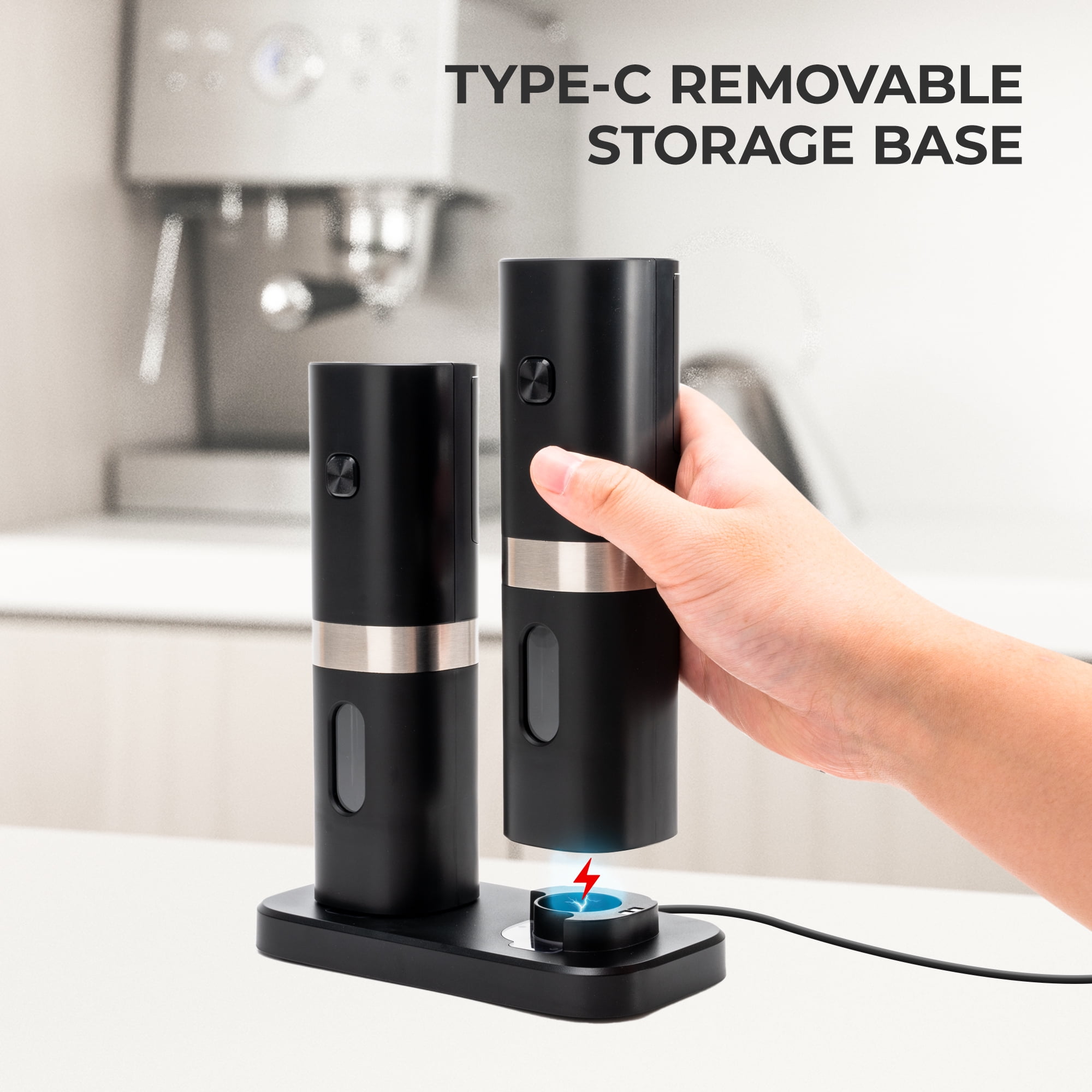 FVLOENG Electric Pepper and Salt Grinder Set, Rechargeable Battery Operated Automatic Salt Mill ,Adjustable Coarseness, Powered Spice Grinder, with Rechargeable Base, One Hand Operation , Black 2 Pcs